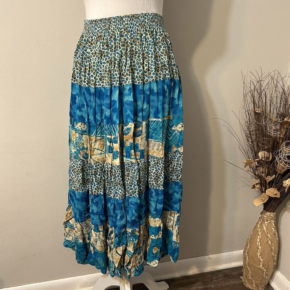 Vtg B.o.p Skirt Womens Blue Animal Print Tiered Gauzy Crinkle Midi Plus Size 3X